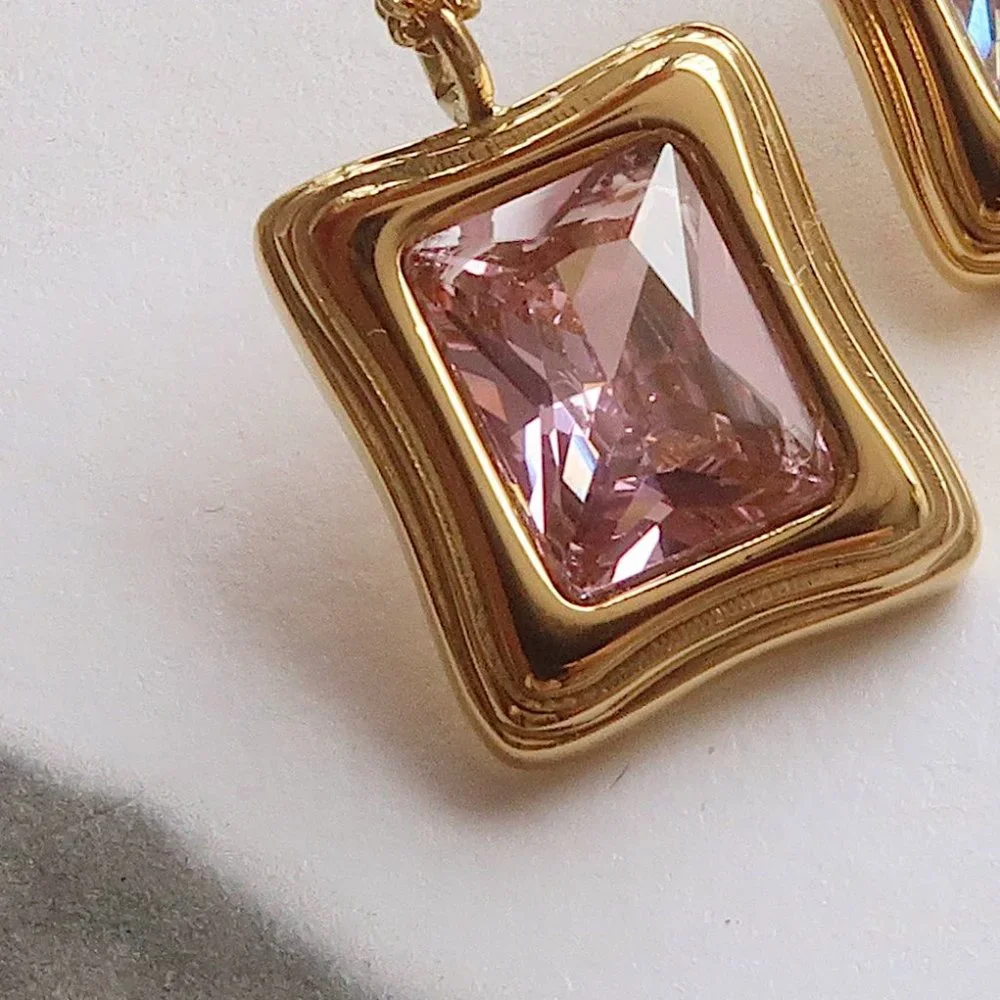 NEW 18K Gold Plated Radiant Cut Pink Sapphire Square Pendant Necklace